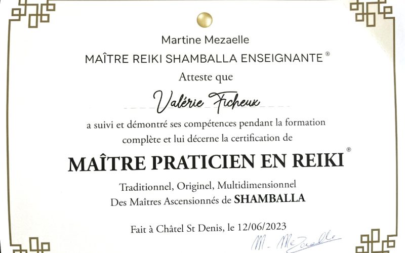 diplome maitre praticien REiki shamballa valérie ficheux alias Miss Touareg